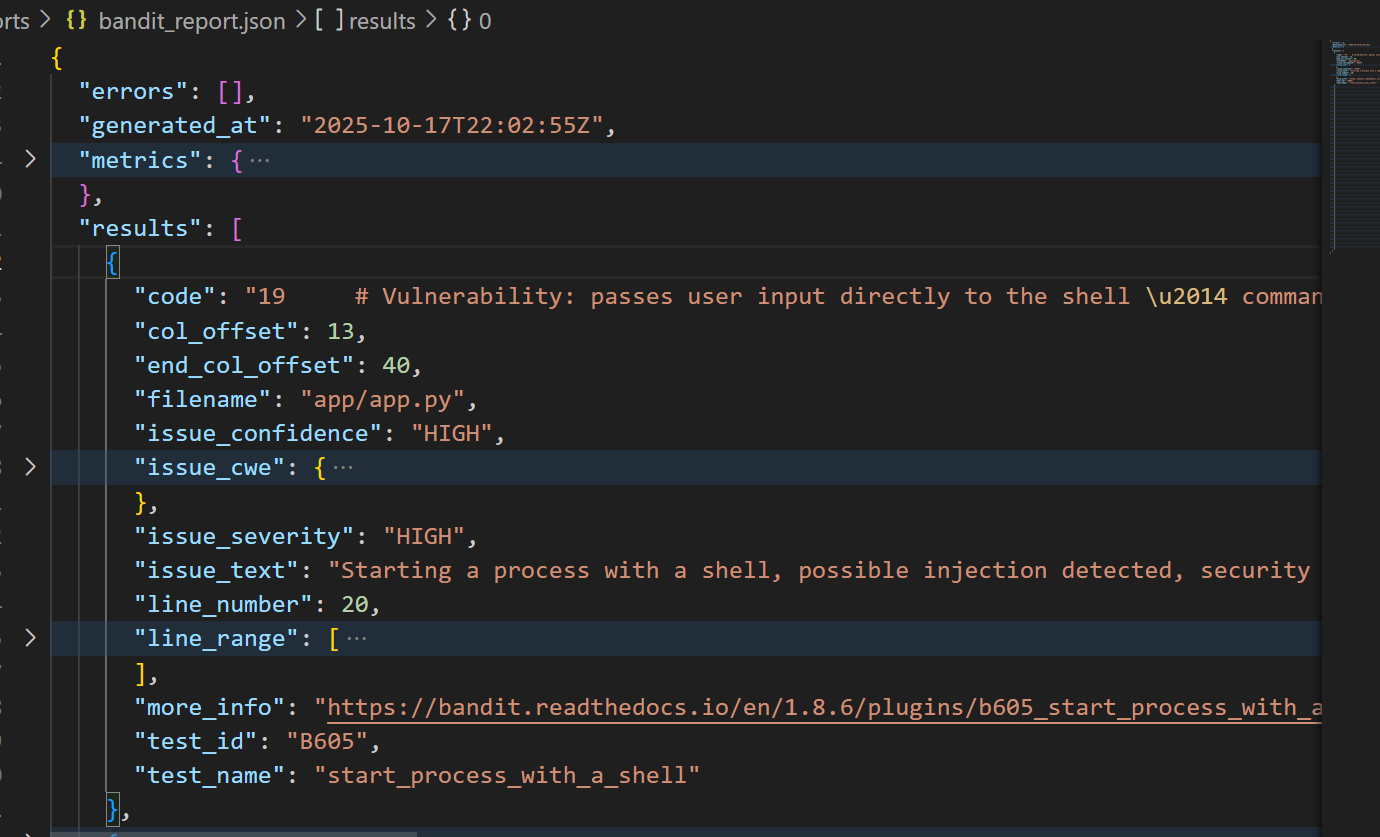 Bandit JSON report with HIGH severity finding and file/line reference